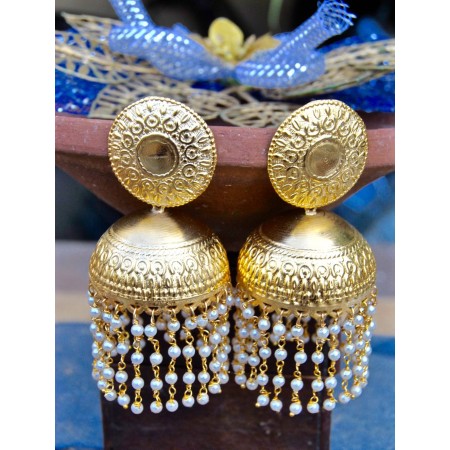 Bold Gold Matte Jhumka Earrings with Metal Carving
